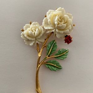 J.J Jonete white rose with lady bug brooch